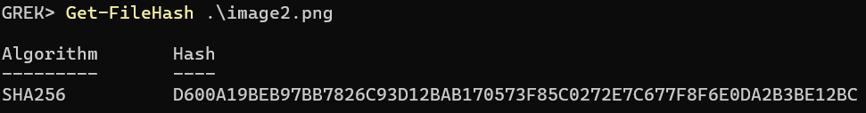 PowerShell output showing the downloaded image has the same SHA-256 hash as before upload