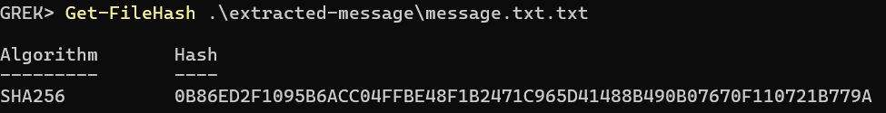 PowerShell SHA-256 hash for the extracted message file