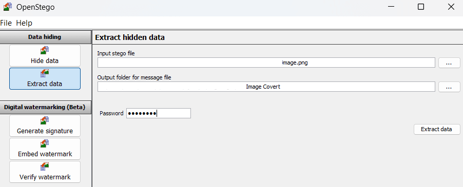 OpenStego Extract Data screen with the stego image, destination folder, and password