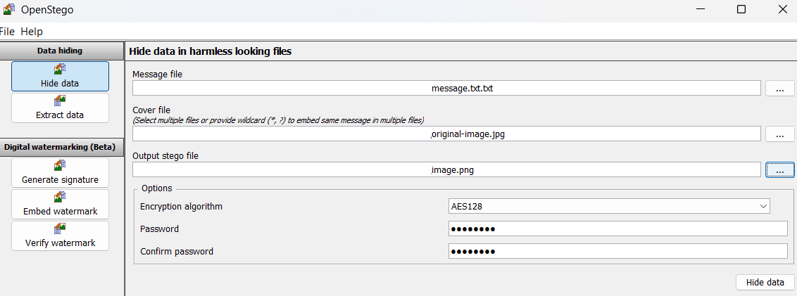 OpenStego Hide Data screen configured with a message file, carrier image, output image, and AES-128 encryption