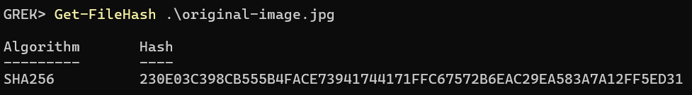 PowerShell output showing the original image SHA-256 hash