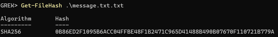 PowerShell SHA-256 hash for the original message file