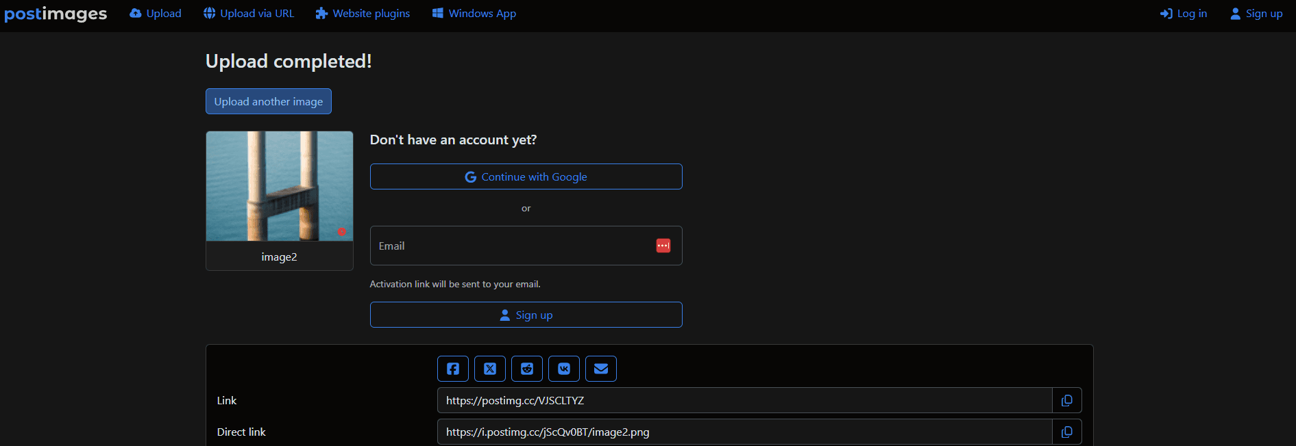 Postimages upload-complete page showing the steganographic image and generated sharing links