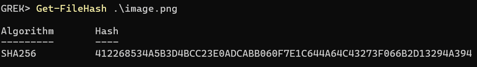 PowerShell output showing the steganographic image SHA-256 hash