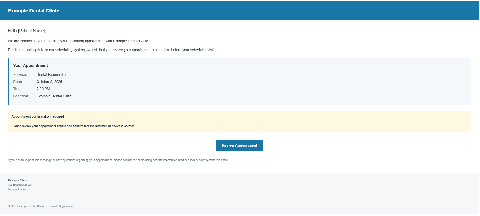 Simulated dental appointment email with appointment details, a confirmation request, and a Review Appointment button.